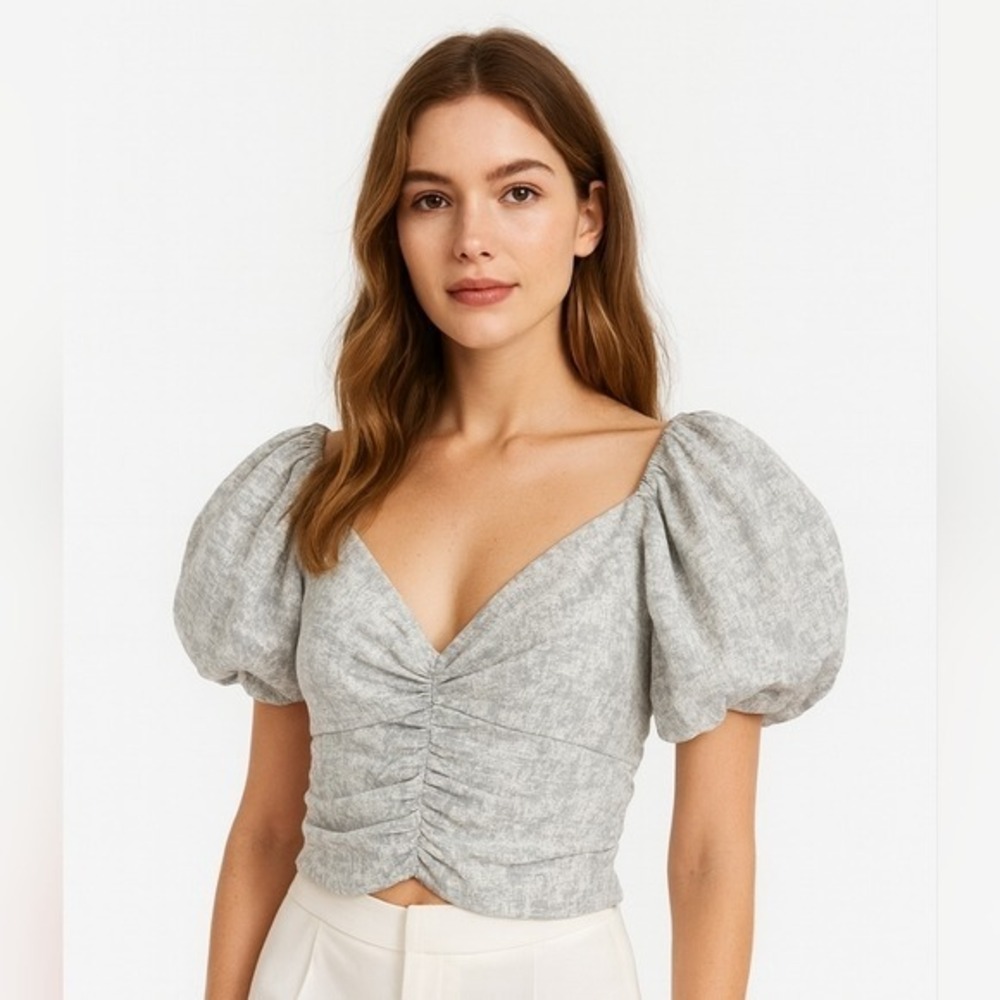 Lush Sage Green Floral Ruched Puff Sleeve Smocked Crop Top Blouse Small NEW